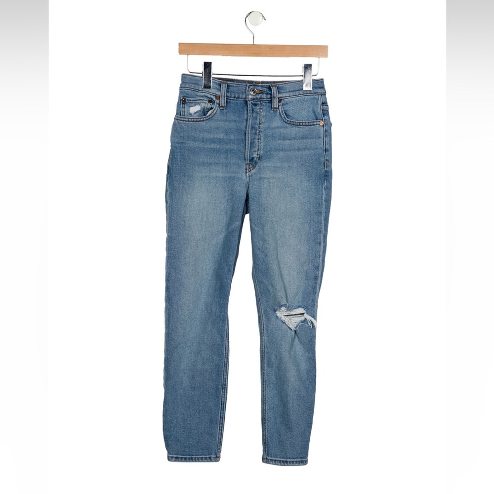 Re/Done 90s High Rise Ankle Crop, Sz 26, Distressed Knee, Medium Wash, Mid Rise